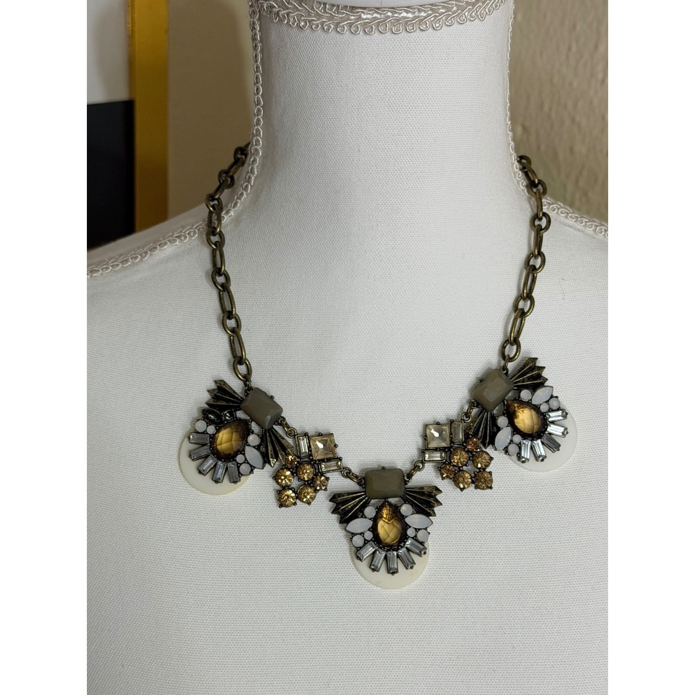Vintage Style Bronze Statement Bib Necklace Amber Rhinestone Geometric Cluster‎